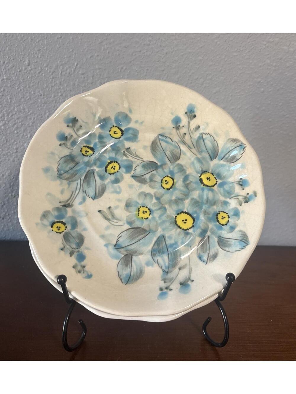 Set of 2 Noe Suro Mex Mexico  Hand Painted Dessert Plates Blue Flowers